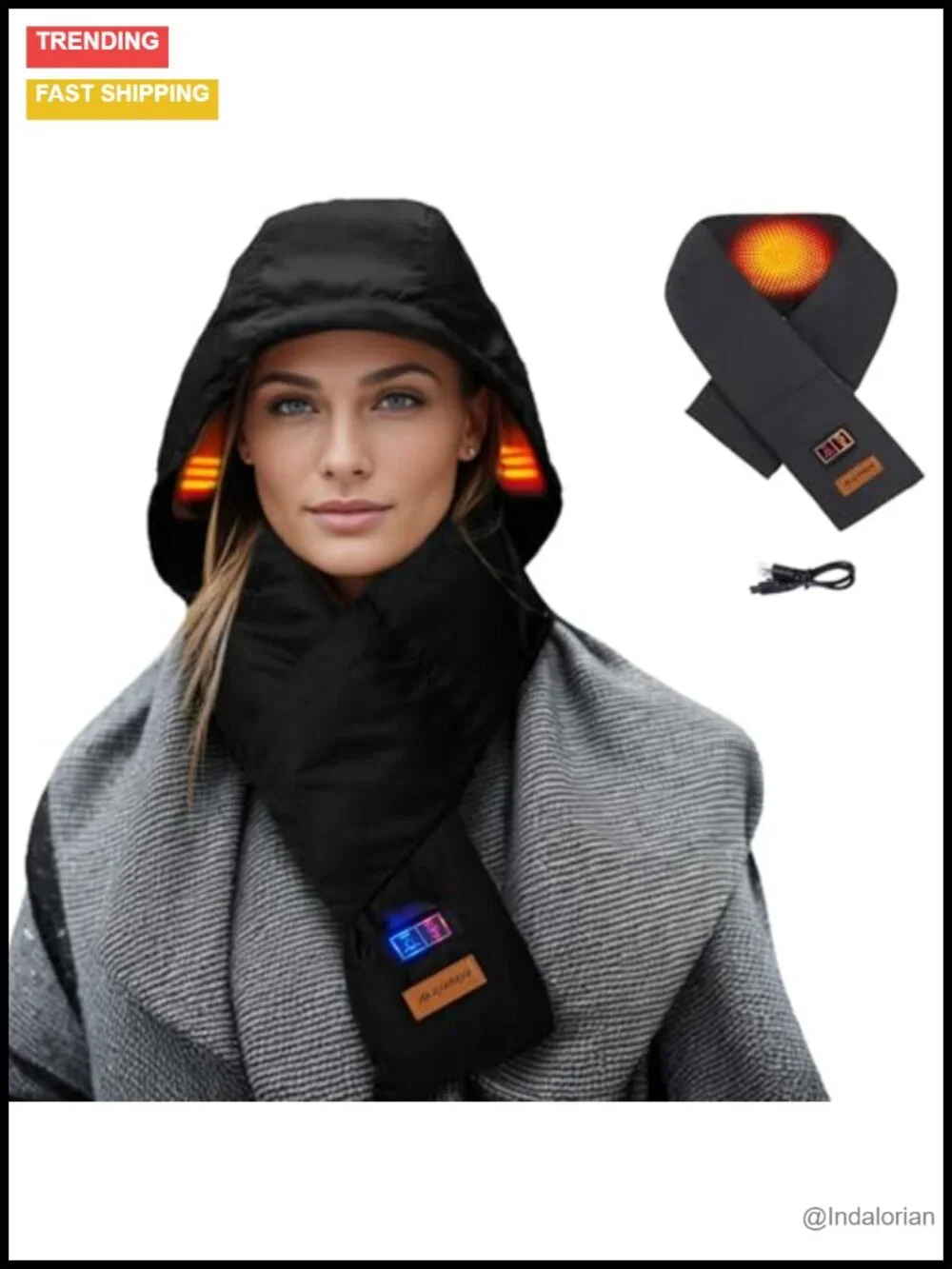 Heated Scarf with Hidden Hat, Rechargeable Battery, 3 Heat Settings, Winter